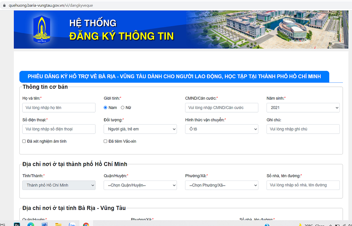 Website đăng ký đưa công dân từ TP. Hồ Chí Minh về Bà Rịa – Vũng Tàu.