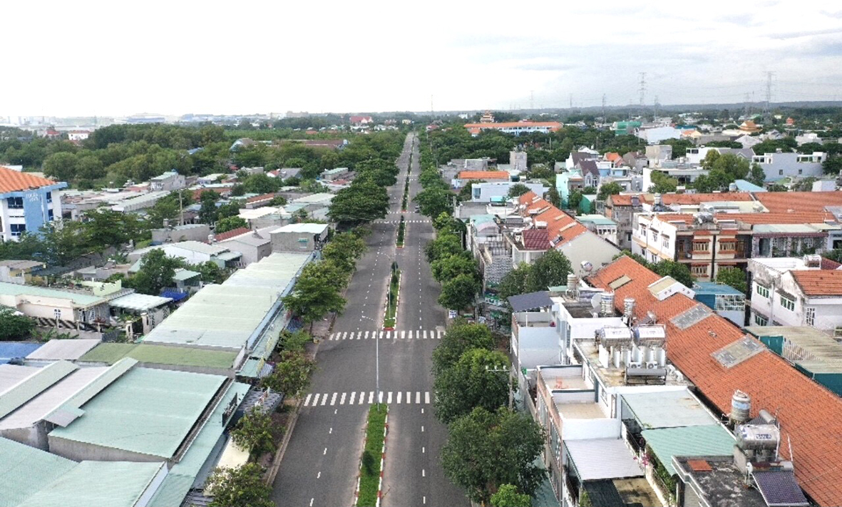Hình ảnh khu phong tỏa thuộc khu phố Phước Lập, phường Mỹ Xuân vào sáng 9/9 được Flycam chụp từ trên cao.