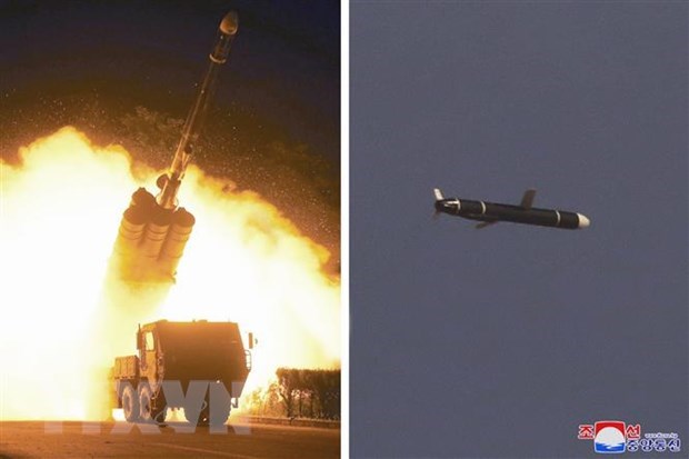 Tên lửa hành trình mới của Triều Tiên rời bệ phóng và bay trên bầu trời. Ảnh Hãng thông tấn KCNA đăng phát ngày 13/9/2021.