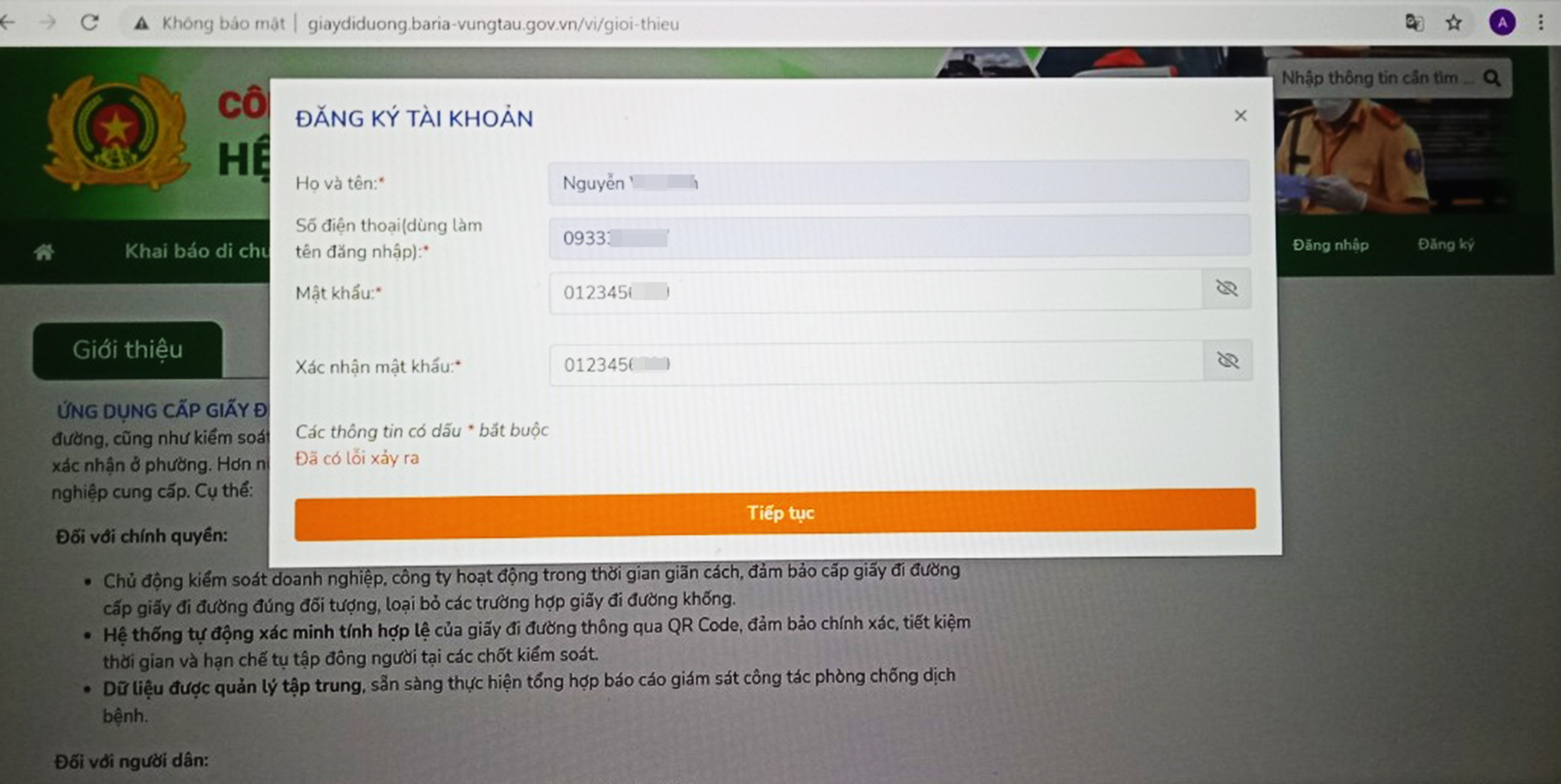 Ngày 22/9, nhiều người vào website: https://giaydiduong.baria-vungtau.gov.vn để đăng ký cấp “Giấy đi đường” trực tuyến nhưng bị lỗi.