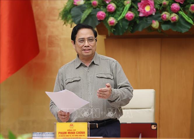 Thủ tướng Phạm Minh Chính, Trưởng Ban Chỉ đạo Quốc gia phòng, chống dịch COVID-19 phát biểu tại cuộc họp. Ảnh: TTXVN