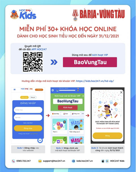 Nhập mã BaoVungTau kích hoạt tài khoản VIP HOC247 Kids.