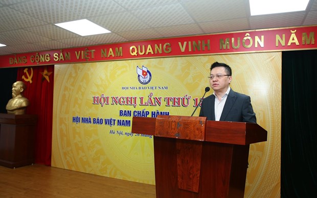Tân Chủ tịch Hội Nhà báo Việt Nam Lê Quốc Minh phát biểu tại hội nghị. Ảnh: Vietnam+