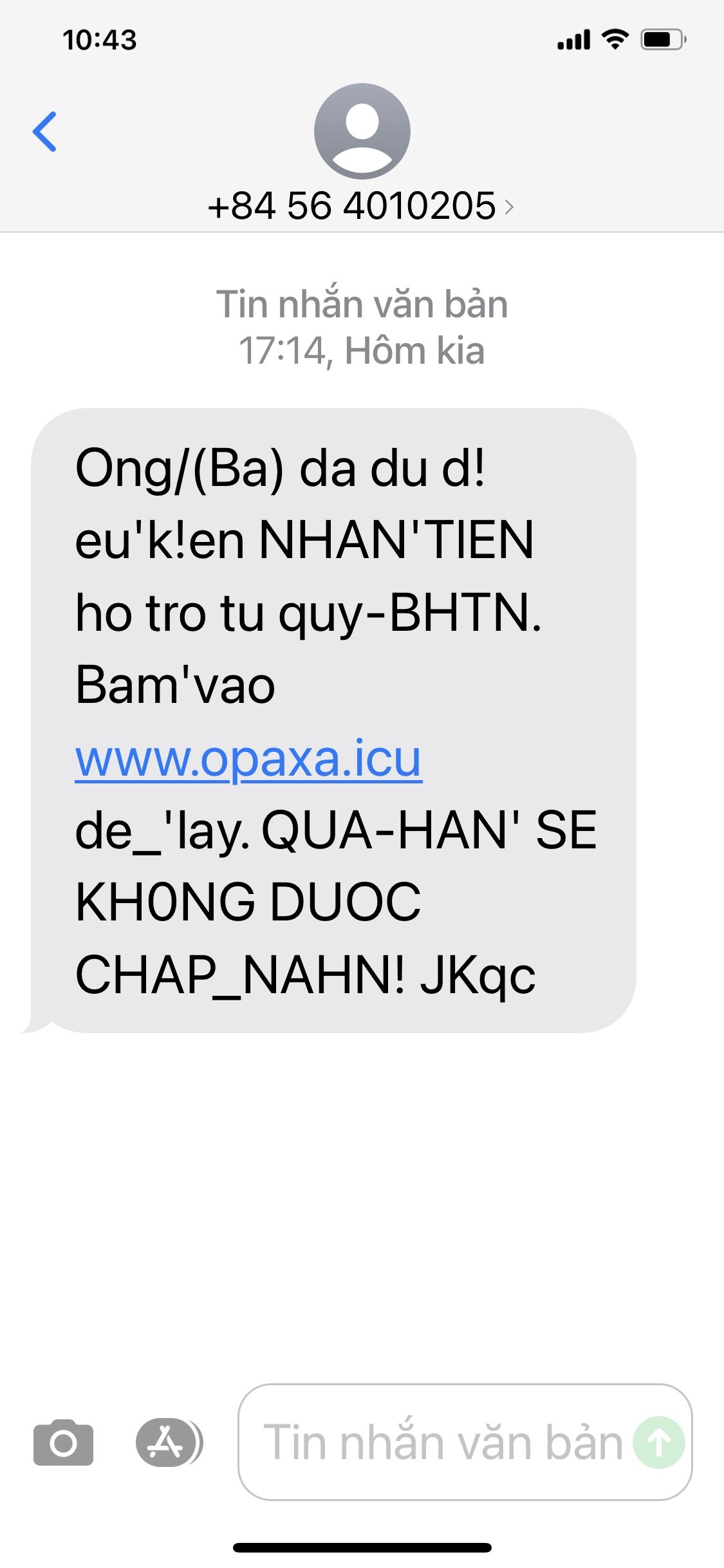 Một tin nhắn lừa đảo từ đầu số +8456... gửi đến thuê bao di động của người dân BR-VT về việc nhận hỗ trợ BHTN do ảnh hưởng của dịch COVID-19.