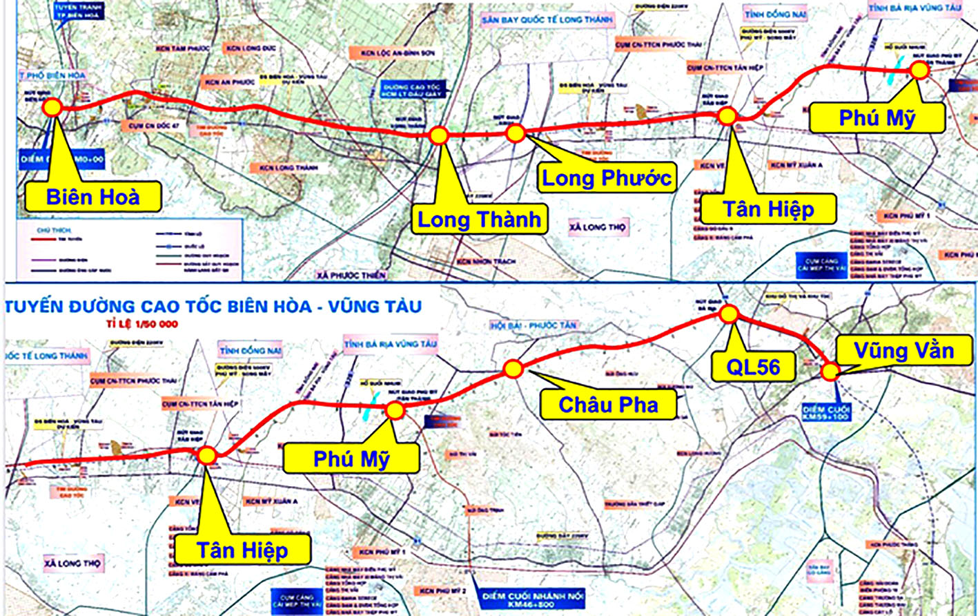 Việc triển khai đường cao tốc Biên Hòa - Vũng Tàu giúp cho việc việc lưu thông giữa Bà Rịa - Vũng Tàu và các tỉnh trong khu vực thuận lợi, rút ngắn thời gian, góp phần thúc đẩy kinh tế - xã hội của địa phương.  Trong ảnh: Sơ đồ đường cao tốc Biên Hòa - Vũng Tàu..