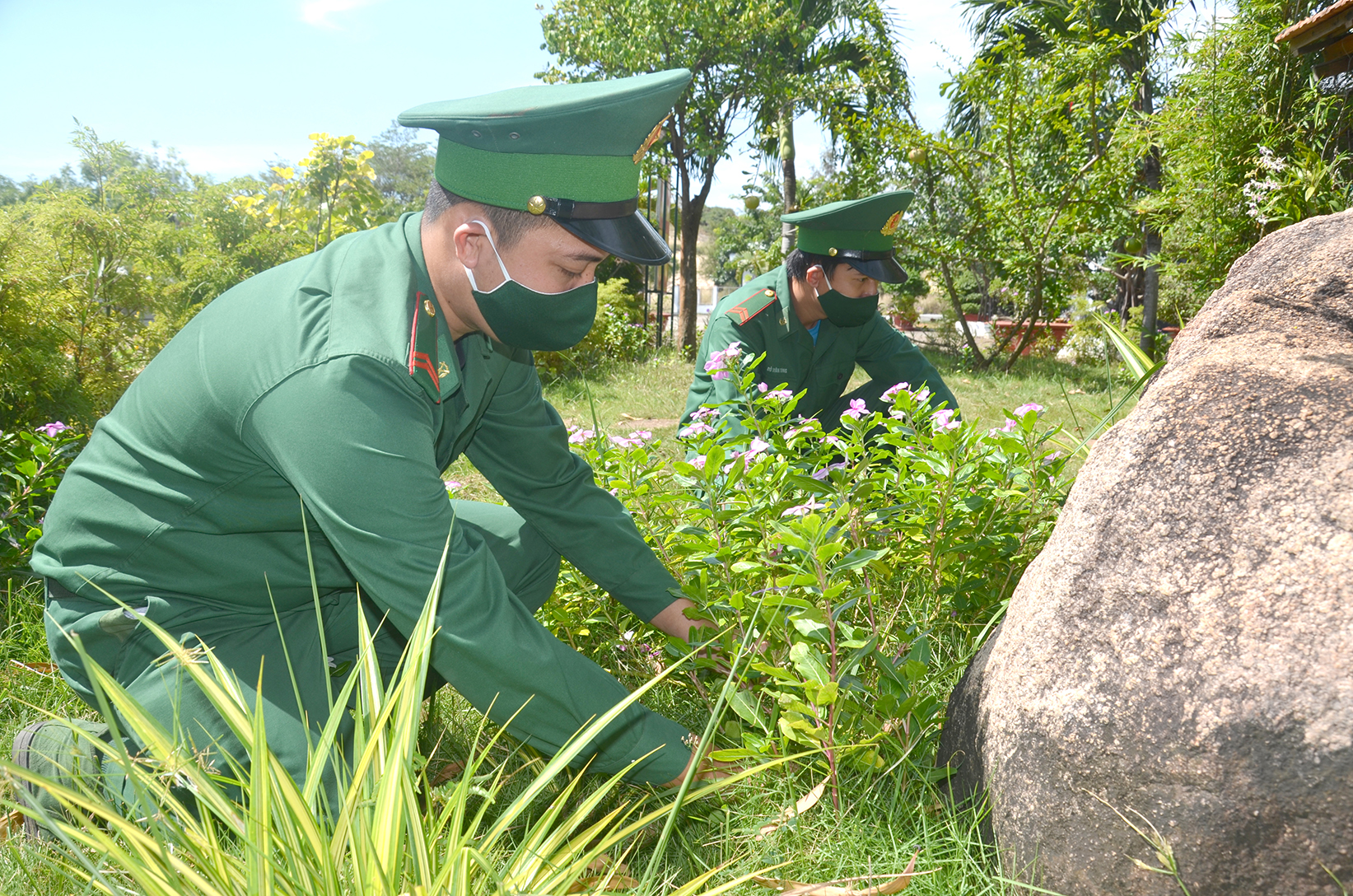 Chiến sĩ Đồn Biên phòng Phước Thuận chăm sóc cây xanh tại doanh trại.
