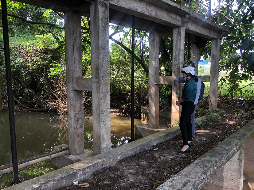 Bà Hoàng Thị Giang, Phó Chủ tịch UBND xã Châu Pha khảo sát khu vực ô nhiễm nguồn nước ở suối Tre (một nhánh của suối Giao Kèo) chạy qua địa bàn xã.