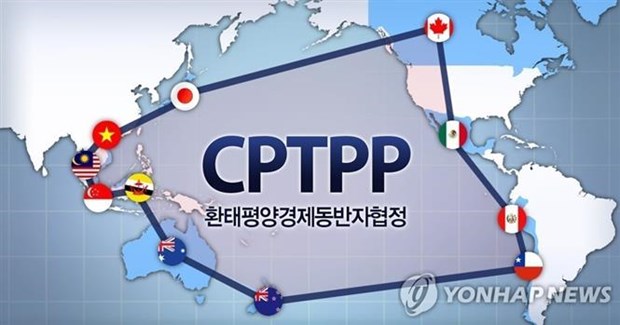 Biểu tượng CPTPP và quốc kỳ 11 nước thành viên gồm Australia, Brunei, Canada, Chile, Nhật Bản, Malaysia, Mexico, New Zealand, Peru, Singapore và Việt Nam.
