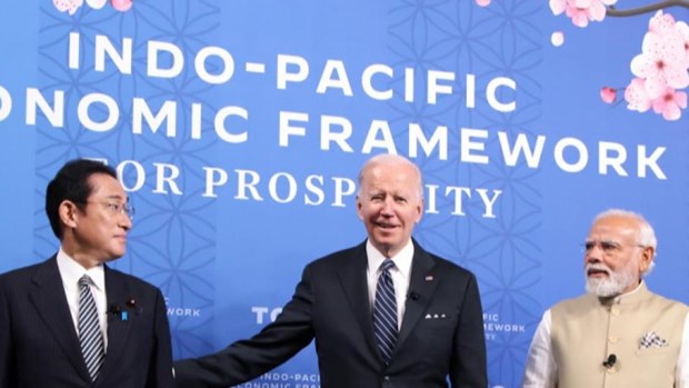 Thủ tướng Nhật Bản Fumio Kishida, Tổng thống Mỹ Joe Biden và Thủ tướng Ấn Độ Narendra Modi tại sự kiện khởi động khuôn khổ kinh tế Ấn Độ - Thái Bình Dương (IPEF) ở tại Tokyo Nhật Bản ngày 23/5.