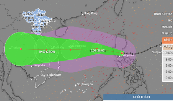 Vị trí và hướng di chuyển bão Noru lúc 19h tối 25/9. Ảnh: NCHMF.