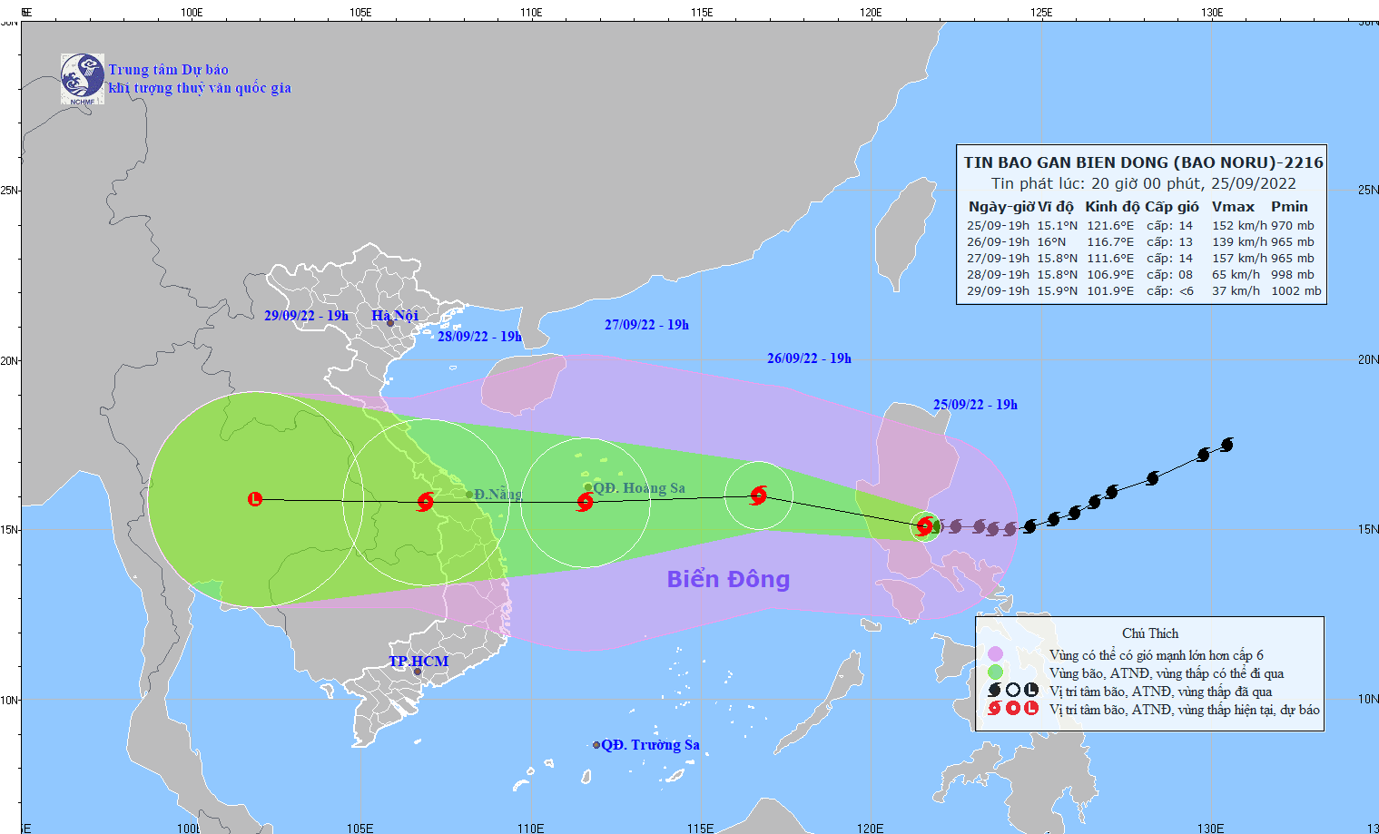 Dự báo đường đi của bão Noru. Ảnh: nchmf.gov.vn