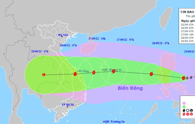 Dự báo đường đi và hướng di chuyển của bão Noru. Ảnh: Trung tâm Dự báo Khí tượng Thủy văn Quốc gia. 