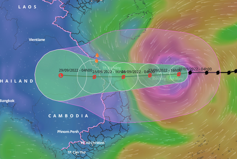 Dự báo đường đi và khu vực ảnh hưởng của bão Noru lúc 4h sáng 27/9. Ảnh: Tổng cục Phòng chống thiên tai.