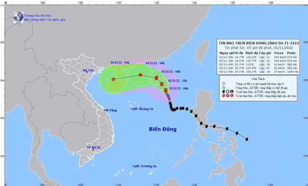 Vị trí và đường đi của bão số 7. (Nguồn: Trung Tâm Dự báo Khí tượng Thủy văn Quốc gia)