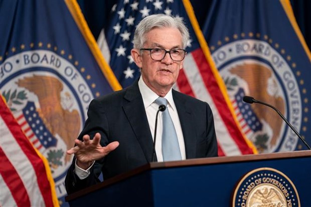 Chủ tịch Ngân hàng Dự trữ Liên bang Mỹ Jerome Powell trong cuộc họp báo công bố quyết định tăng lãi suất của FED.