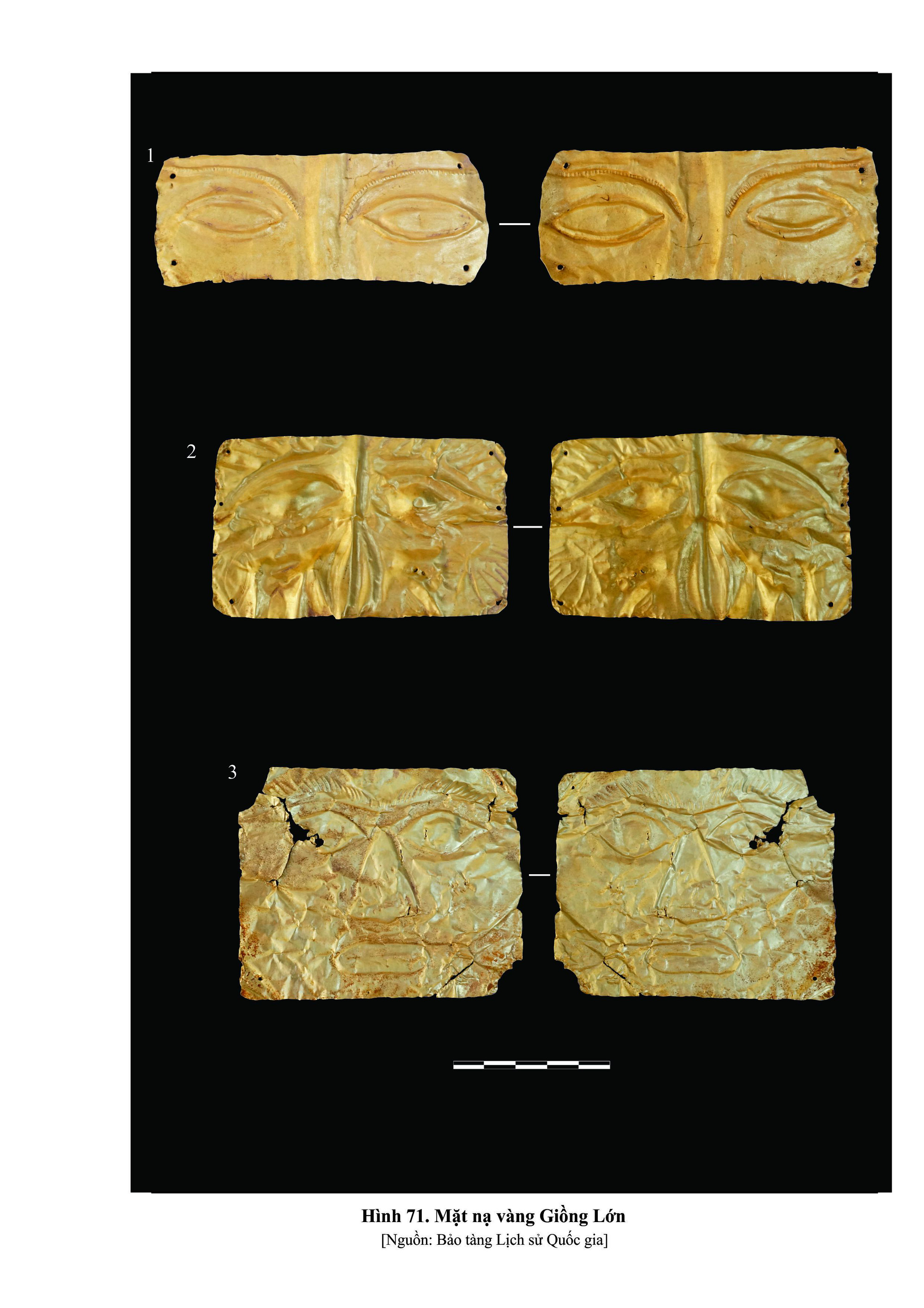 Hình ảnh ba mặt nạ vàng Giồng Lớn bảo vật quốc gia.