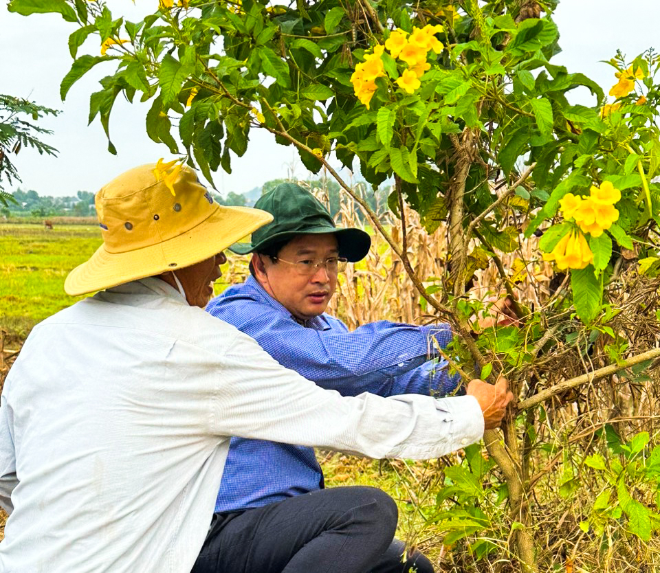 Chủ tịch UBND huyện Châu Đức Nguyễn Tấn Bản cùng người dân thôn Trung Nghĩa, xã Nghĩa Thành cắt tỉa, chăm sóc hoa hai bên đường nông thôn.