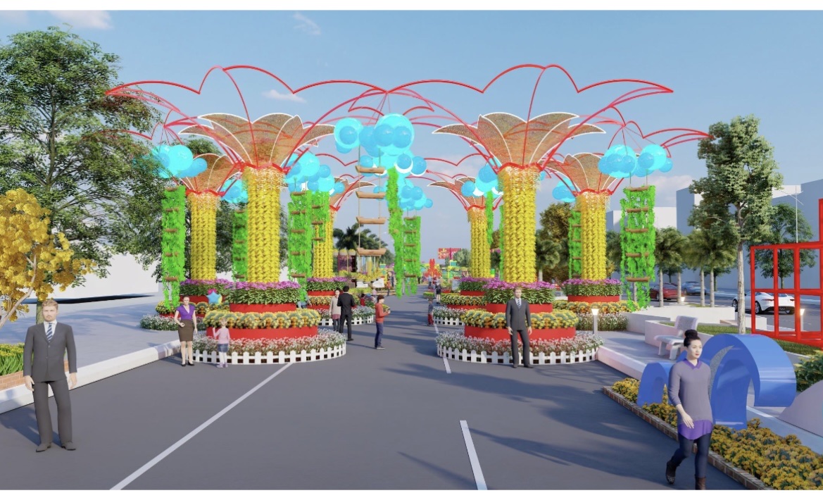 Mô hình đại cảnh vườn hoa treo sẽ là điểm nhấn của đường hoa Trần Hưng Đạo, TX. Phú Mỹ