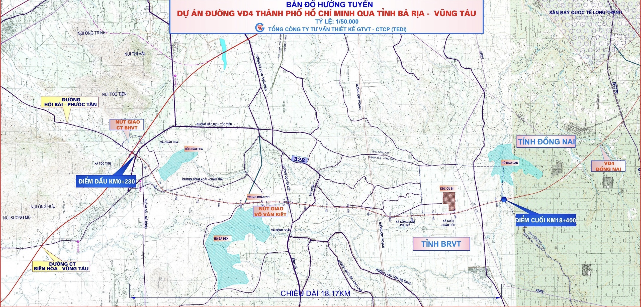 Bản đồ hướng tuyến dự án đường Vành đai 4 đoạn đi qua tỉnh Bà Rịa-Vũng Tàu.