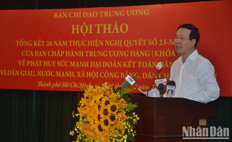 Đồng chí Võ Văn Thưởng, Ủy viên Bộ Chính trị, Thường trực Ban Bí thư, Trưởng Ban Chỉ đạo Trung ương tổng kết Nghị quyết số 23-NQ/TW, phát biểu kết luận Hội thảo.