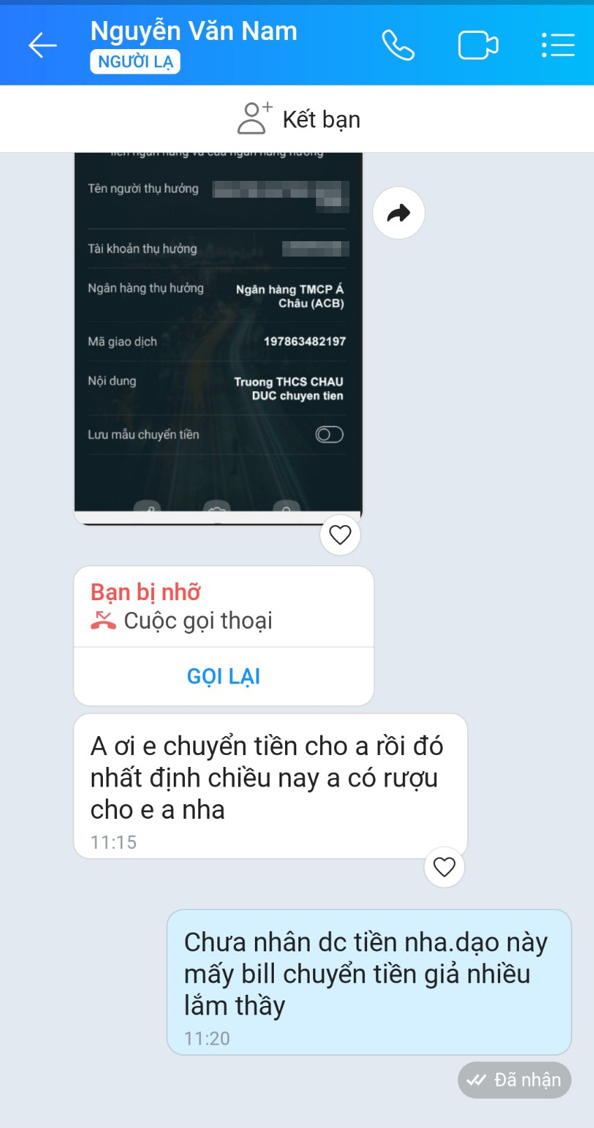 Các đối tượng lừa đảo còn làm giả thông báo chuyển khoản để lừa chủ nhà hàng.