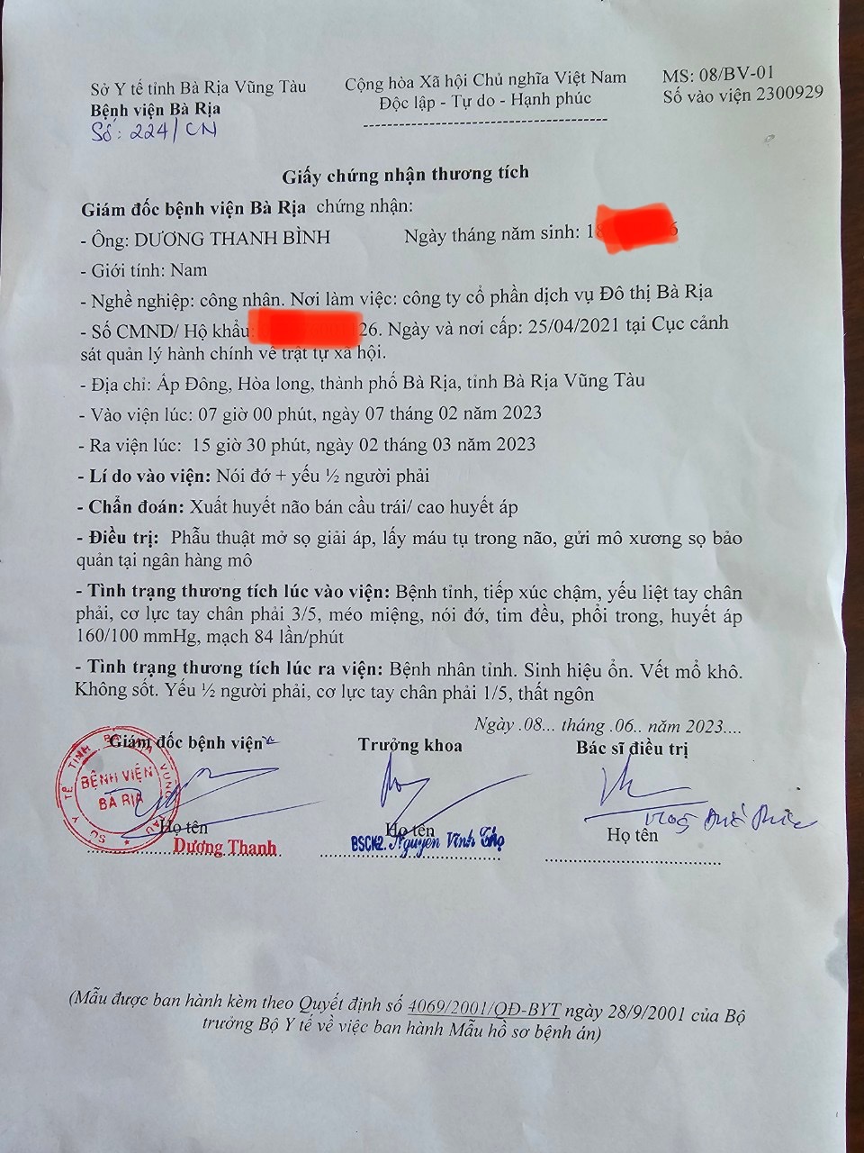 Bệnh viện Bà Rịa đã cấp giấy chứng nhận thương tích cho ông Dương Thanh Bình