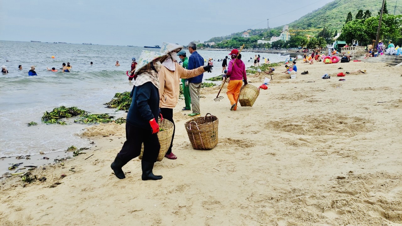 Công nhân VESCO thu gom rác đại dương trôi dạt vào bờ biển Bãi Trước, TP. Vũng Tàu