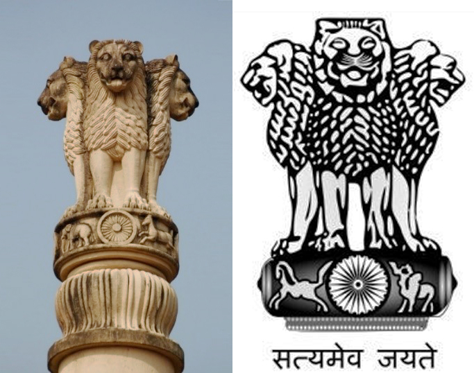 Phần đỉnh trụ đá Asoka tạc hình bốn con sư tử hiện còn đang lưu giữ tại Bảo tàng Sanarth, và Quốc huy Ấn Độ ngày nay.