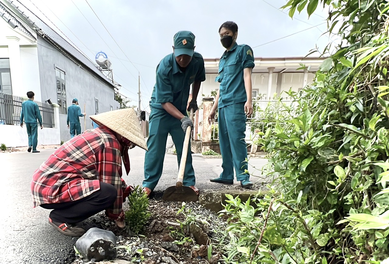 Cán bộ, chiến sĩ và nhân dân thôn 1, xã Bình Trung trồng hoa hoàng yến.