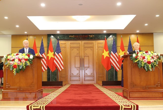 Tổng Bí thư Nguyễn Phú Trọng và Tổng thống Hoa Kỳ Joe Biden tại cuộc họp báo chung.