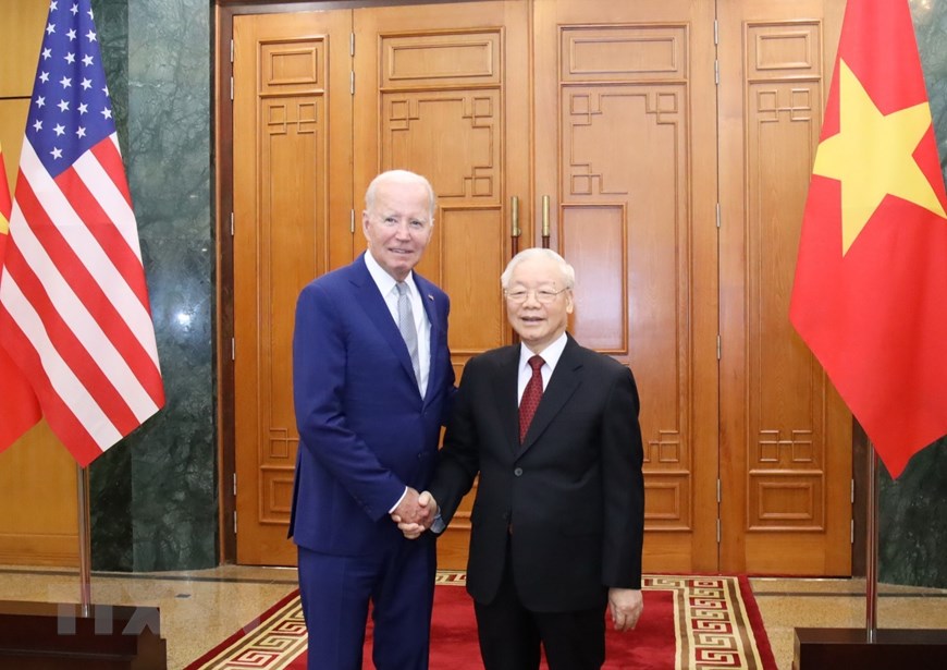 Tổng Bí thư Nguyễn Phú Trọng đón tiếp Tổng thống Mỹ Joe Biden chiều 10-9. Ảnh: TTXVN