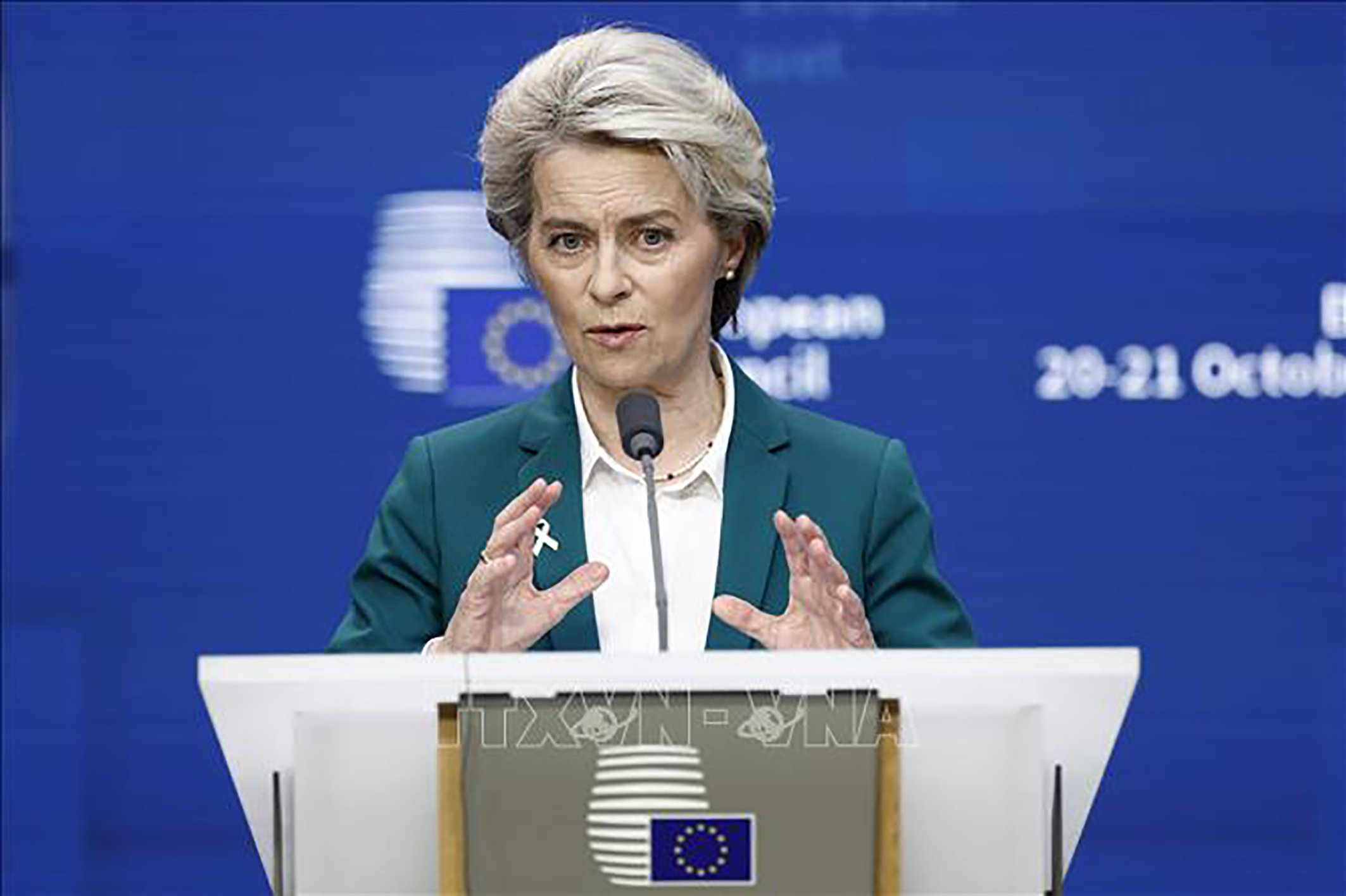 Chủ tịch Ủy ban châu Âu Ursula von der Leyen phát biểu tại Brussels, Bỉ.