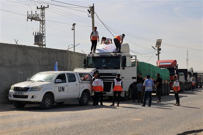 Đoàn xe chở hàng viện trợ nhân đạo đi qua cửa khẩu Rafah từ Ai Cập vào Dải Gaza ngày 21/10/2023.