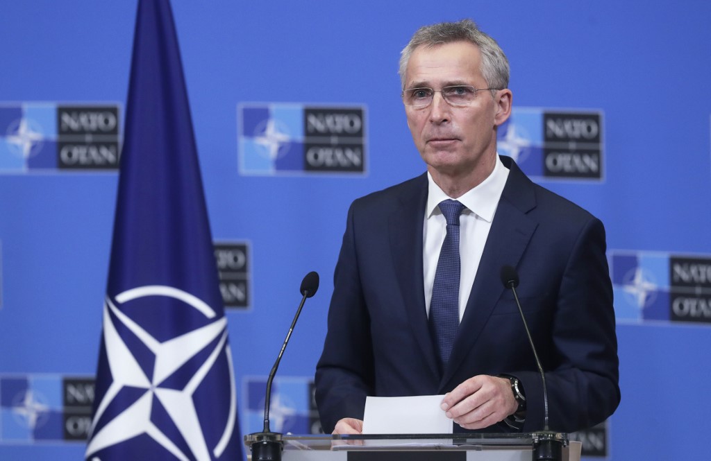 Tổng Thư ký NATO Jens Stoltenberg phát biểu trong một cuộc họp báo ở Brussels, Bỉ.