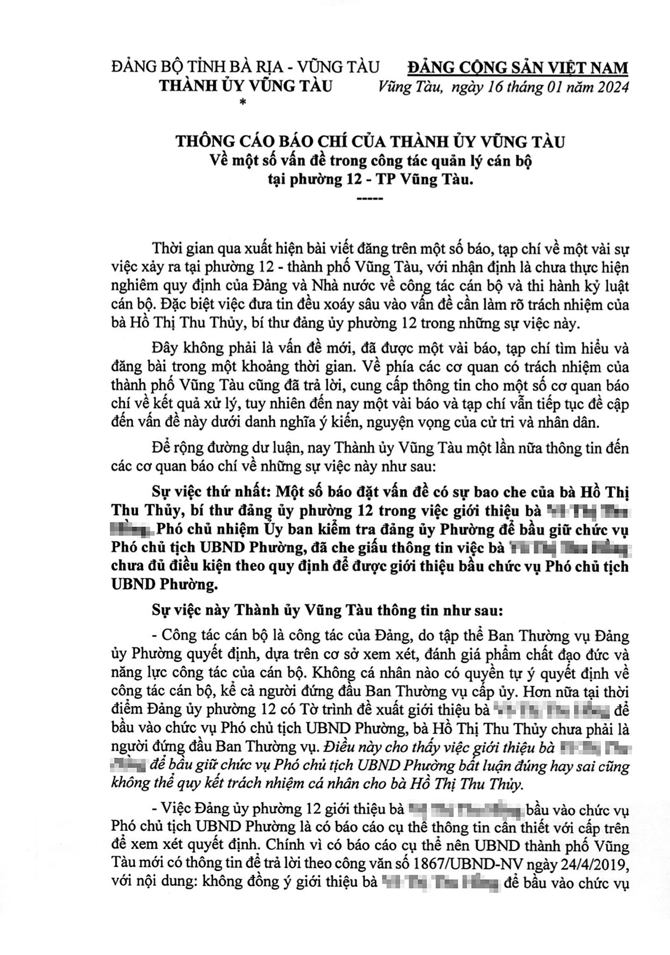 Thông cáo báo chí của Thành ủy Vũng Tàu về một số vấn đề trong công tác quản lý cán bộ tại phường 12 (TP.Vũng Tàu).
