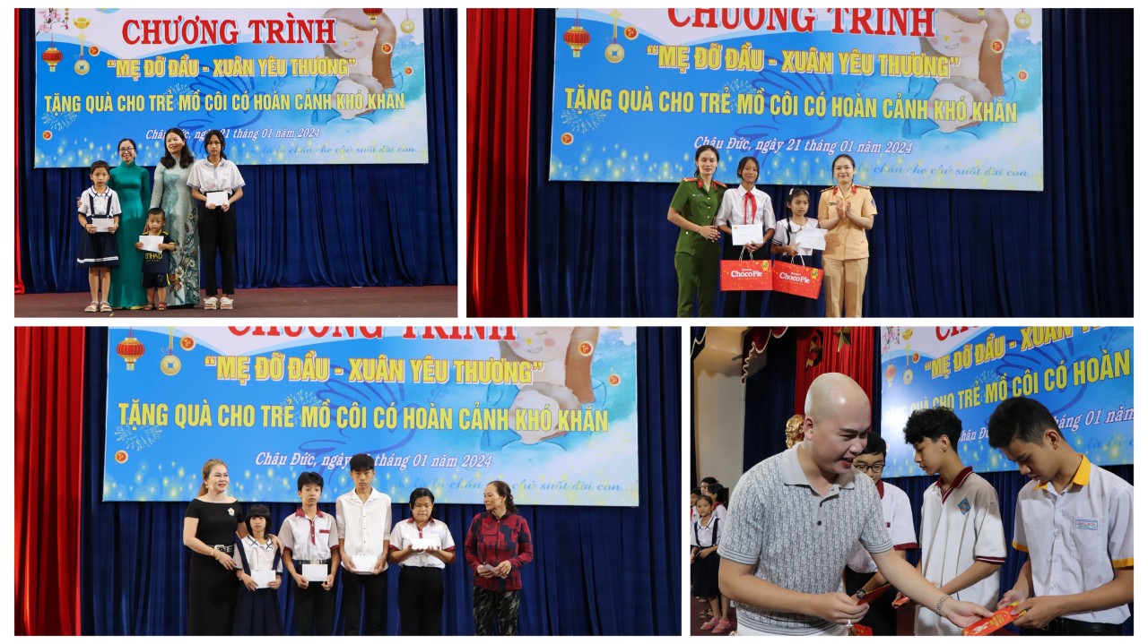 Lãnh đạo Hội LHPN huyện và cha mẹ đỡ đầu trao quà cho trẻ mồ côi tại chương trình “Mẹ đỡ đầu - Xuân yêu thương”.