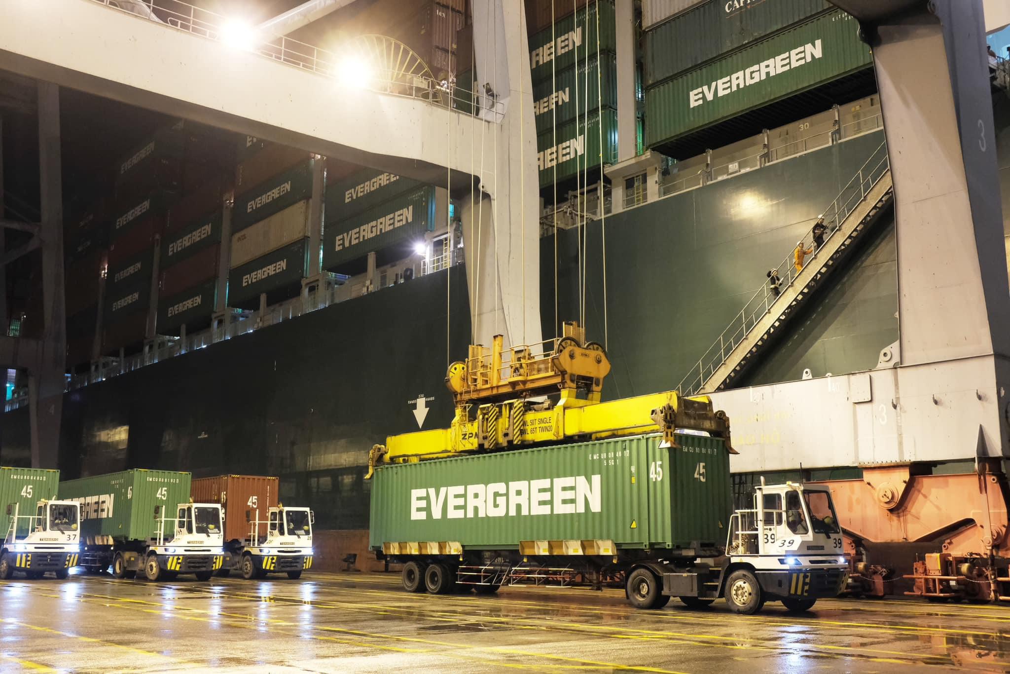 Tại cảng CMIT, 5 cẩu bờ đang làm việc nhịp nhàng dưới sự vận hành của công nhân để xếp dỡ  từ tàu TALOS trọng tải 153.500 DWT do hãng tàu Evergreen khai thác trên tuyến dịch vụ AUE  đi bờ Đông nước Mỹ.