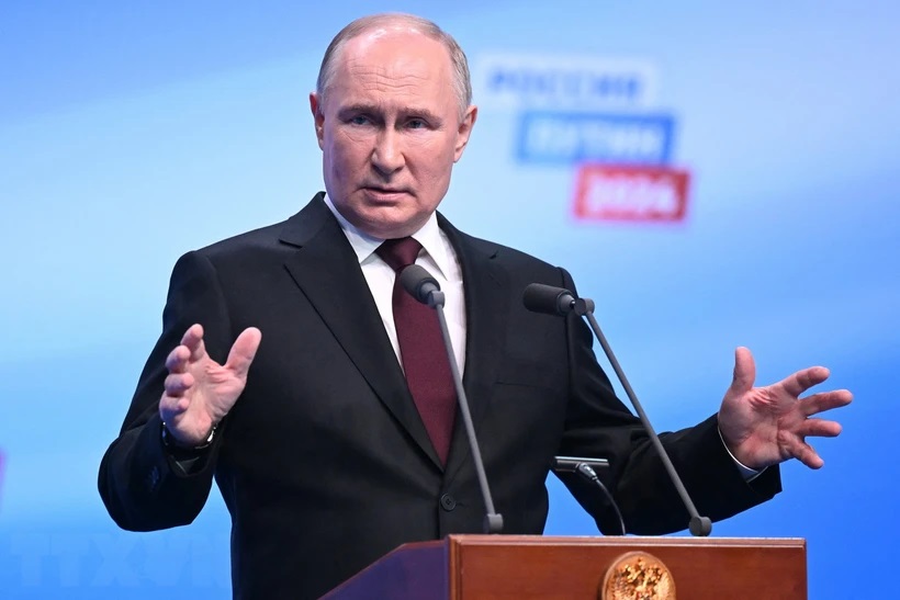 Tổng thống Nga Vladimir Putin trong cuộc họp báo tại Moskva sau khi kết quả bầu cử được công bố, ngày 18/3/2024.