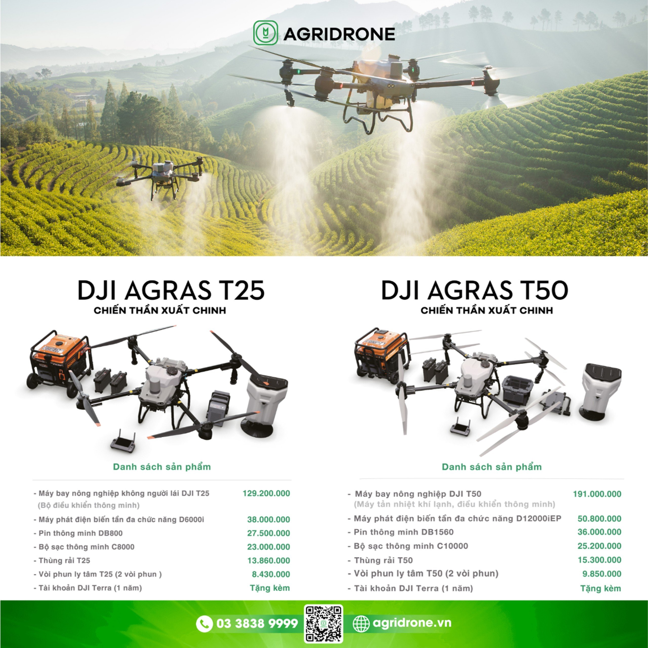 Bảng giá máy bay DJI T50 và T25 của công ty AgriDrone.