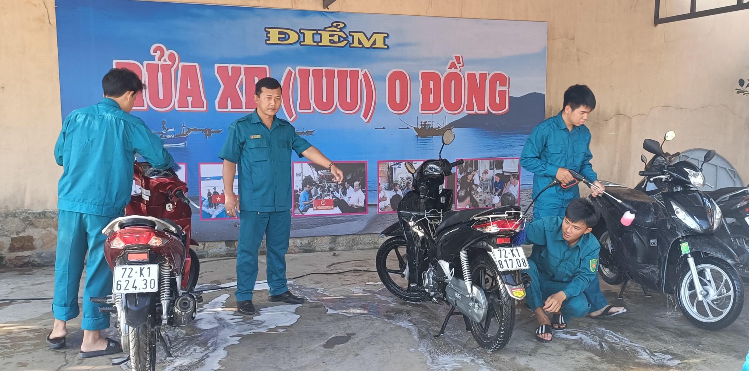 Mô hình rửa xe chống IUU 0 đông của BCH Quân sự TT.Long Hải (huyện Long Điền)
