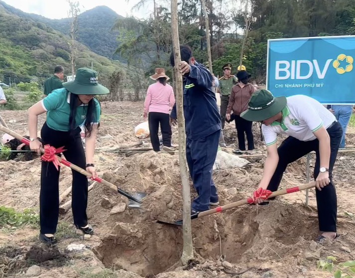 Lãnh đạo UBND huyện Côn Đảo và đại diện BIDV -Chi nhánh Phú Mỹ cùng tham gia trồng cây xanh nhân dịp UBND huyện Côn Đảo phát động phong trào trồng cây xanh trên địa bàn huyện.  