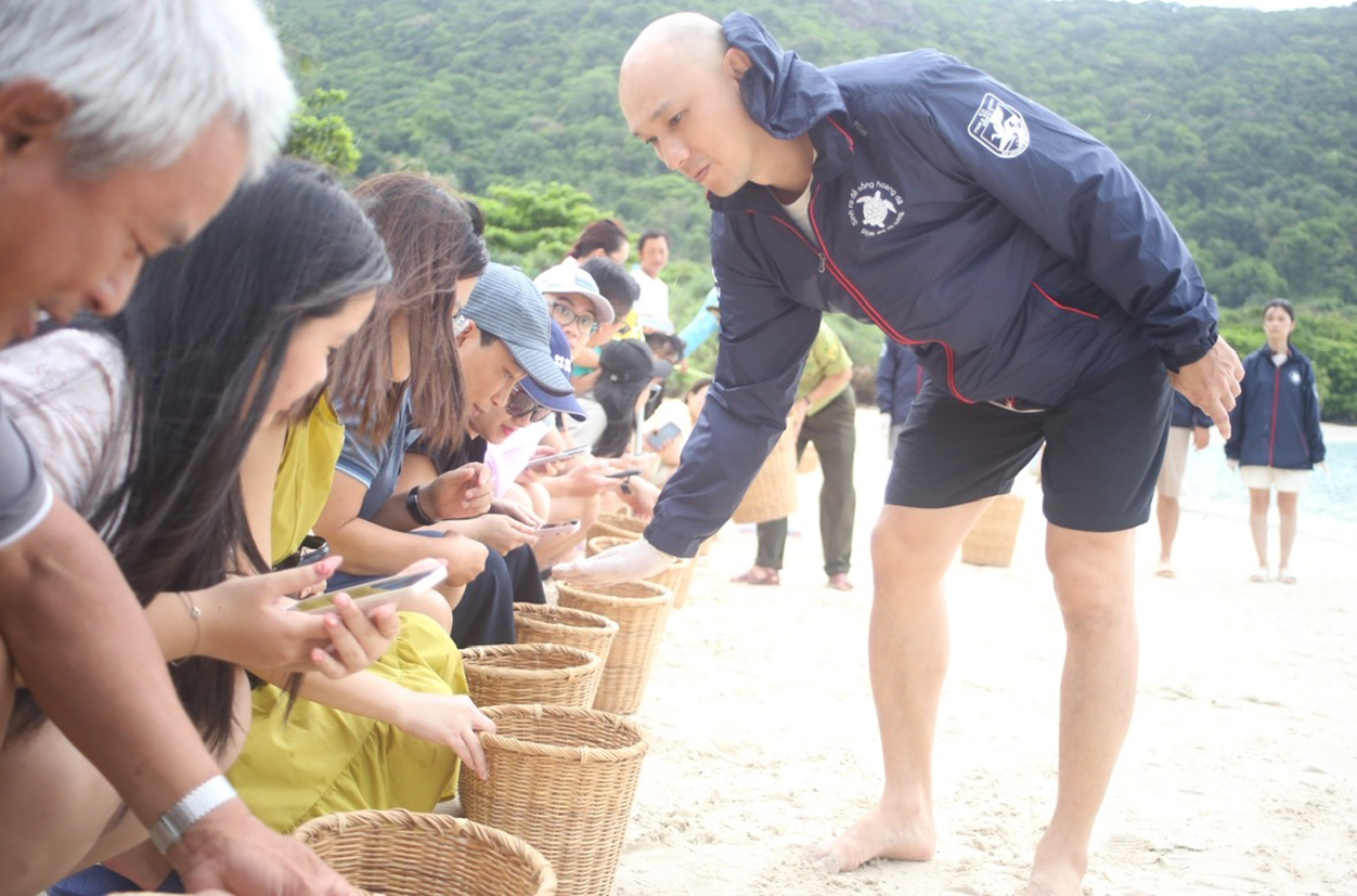 Du khách thả rùa con về biển.