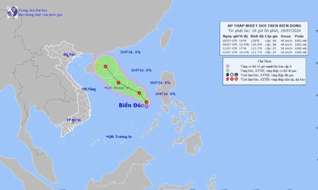 Vị trí và đường đi của áp thấp nhiệt đới cập nhật lúc 10 giờ ngày 19/7.