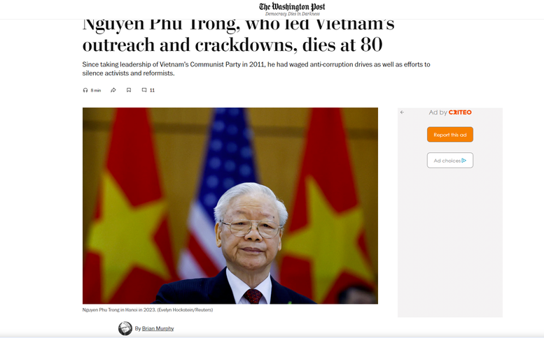 Tờ Washington Post đưa tin Tổng Bí thư Nguyễn Phú Trọng từ trần và có bài viết điểm lại những di sản của ông - Ảnh chụp màn hình