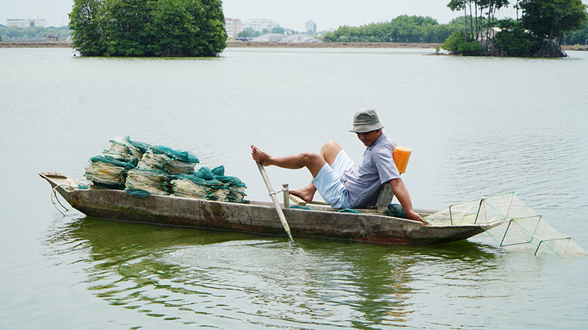 Ông Lưu Trường Giang (KP5, phường Phước Trung, TP.Bà Rịa) đặt lồng bắt tôm nuôi sinh thái trong rừng ngập mặn.