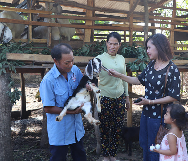 Bà Nguyễn Thị Hoàn, Chủ tịch UBMTTQ Việt Nam xã Suối Nghệ (bìa phải) chia sẻ niềm vui với hộ gia đình được tặng dê giống.