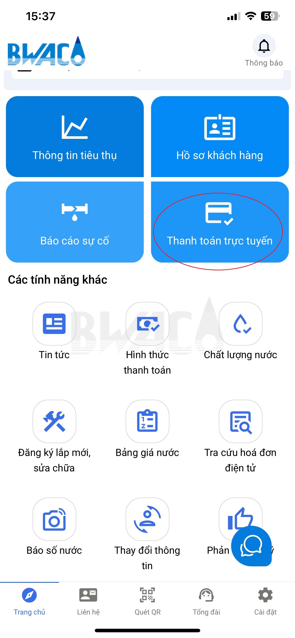 Chọn phần mềm CSKH BWACO, nhấn vào mục Thanh toán trực tuyến.