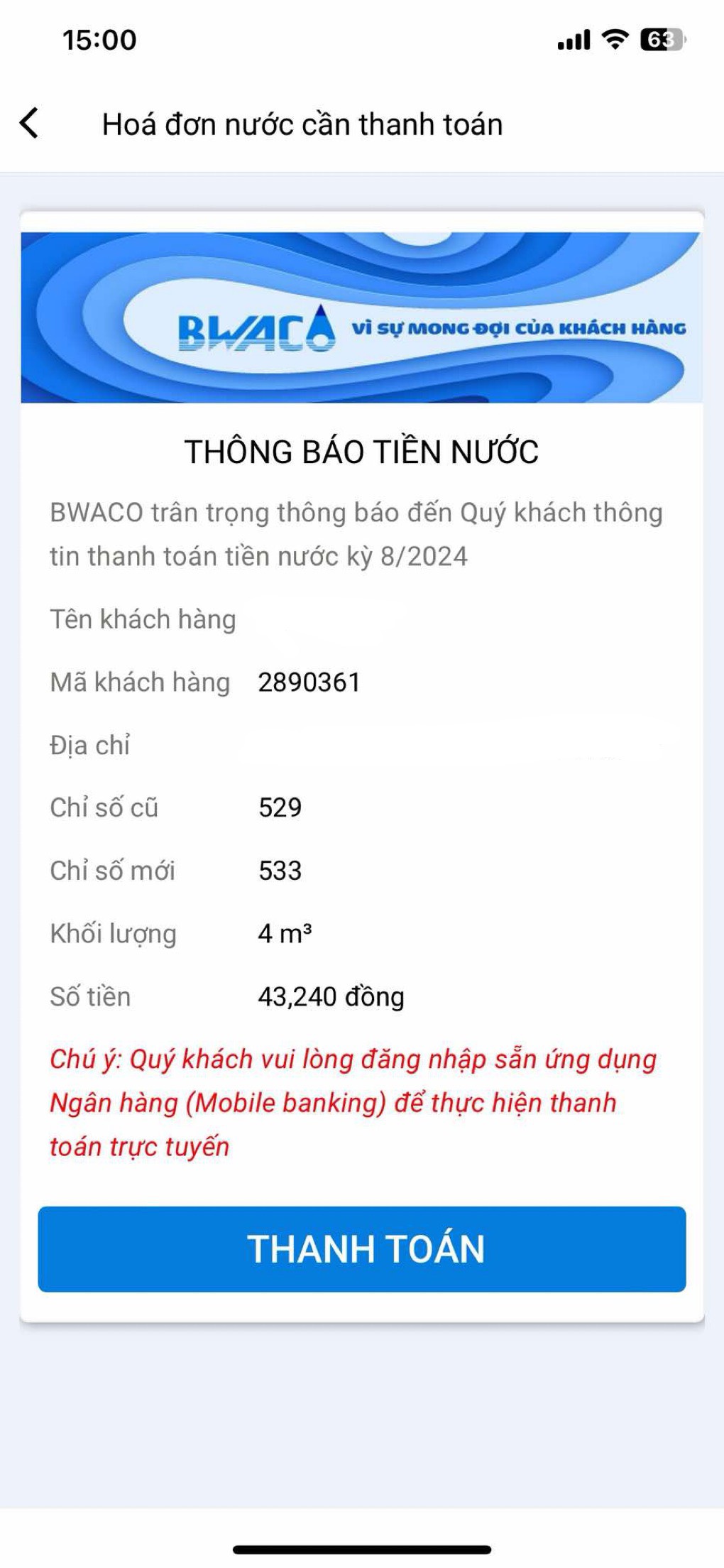 : Khách hàng kiểm tra thông tin tại mục Thông báo tiền nước, và nhấn Thanh toán.