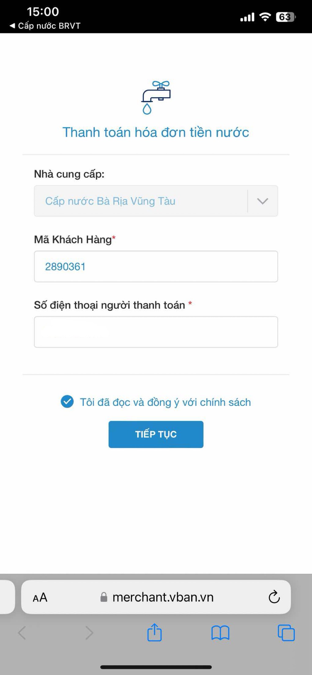 Ứng dụng chuyển sang mục Thanh toán hóa đơn tiền nước, khách hàng kiểm tra lại thông tin mã khách hàng, số điện thoại, và nhấn Tiếp tục.