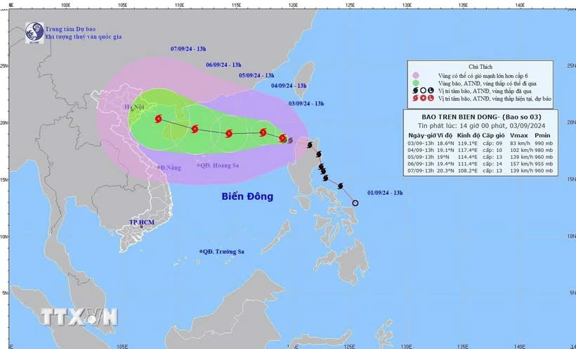 Hướng di chuyển của bão số 3.